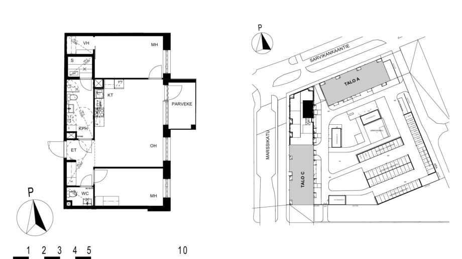 Asunnon B48 pohjakuva (3. kerros, 3h+kt+s, 67,0 m²), jossa olohuone, kaksi makuuhuonetta, keittotila, kylpyhuone ja sauna sekä parveke.