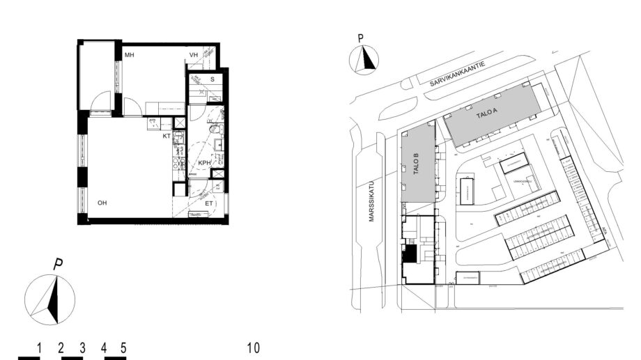 Asunnon C56 pohjakuva (1. kerros, 2h+kt+s, 44,0 m²), jossa olohuone, makuuhuone, keittotila, kylpyhuone ja sauna sekä parveke.