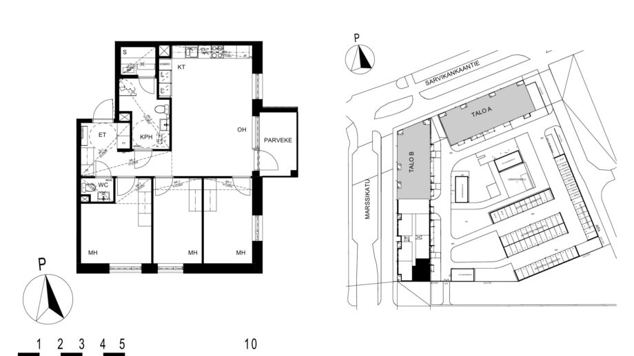 Asunnon C61 pohjakuva (2. kerros, 4h+kt+s, 74,5 m²), jossa olohuone, kolme makuuhuonetta, keittotila, kylpyhuone ja sauna sekä parveke.