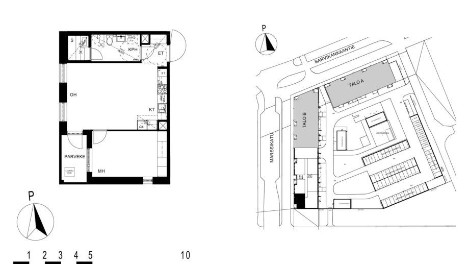 Asunnon C62 pohjakuva (2. kerros, 2h+kt+s, 51,5 m²), jossa olohuone, makuuhuone, keittotila, kylpyhuone ja sauna sekä parveke.
