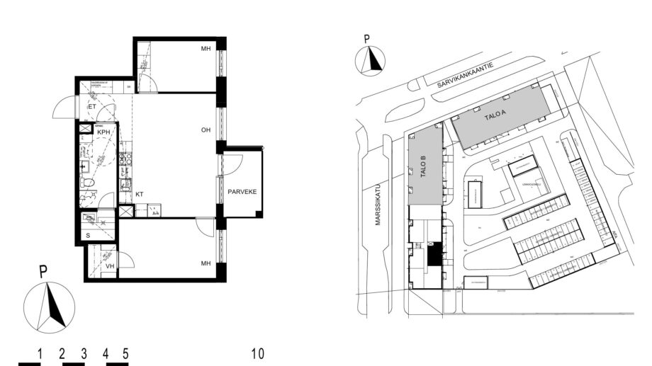 Asunnon C67 pohjakuva (3. kerros, 3h+kt+s, 61,0 m²), jossa olohuone, kaksi makuuhuonetta, keittotila, kylpyhuone ja sauna sekä parveke.