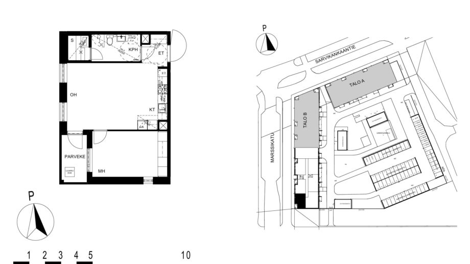 Asunnon C69 pohjakuva (3. kerros, 2h+kt+s, 51,5 m²), jossa olohuone, makuuhuone, keittotila, kylpyhuone ja sauna sekä parveke.