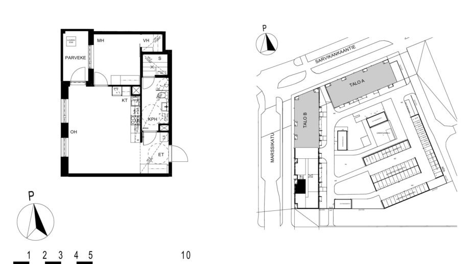 Asunnon C70 pohjakuva (3. kerros, 1h+kt+s, 49,0 m²), jossa huone, keittotila, kylpyhuone ja sauna sekä parveke.