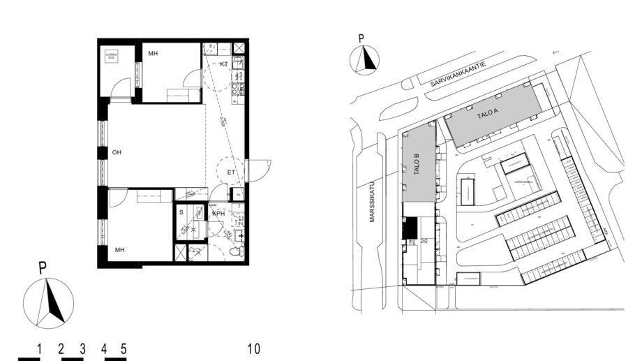 Asunnon C71 pohjakuva (4. kerros, 3h+kt+s, 58,5 m²), jossa olohuone, kaksi makuuhuonetta, keittotila, kylpyhuone ja sauna sekä parveke.