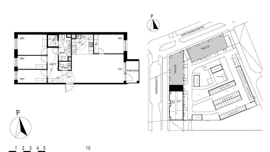 Asunnon C72 pohjakuva (4. kerros, 5h+kt+s, 95,5 m²), jossa olohuone, neljä makuuhuonetta, keittotila, kylpyhuone ja sauna sekä parveke.