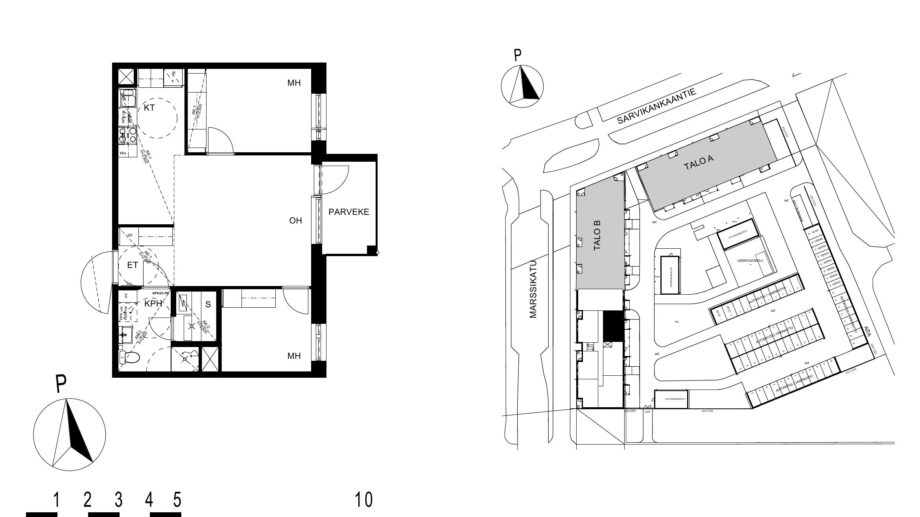 Asunnon C73 pohjakuva (4. kerros, 3h+kt+s, 60,0 m²), jossa olohuone, kaksi makuuhuonetta, keittotila, kylpyhuone ja sauna sekä parveke.