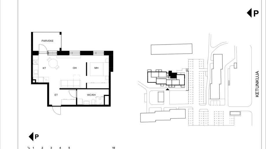 Ketunkuja 6 asunto G23 pohjapiirros, 2H+KT