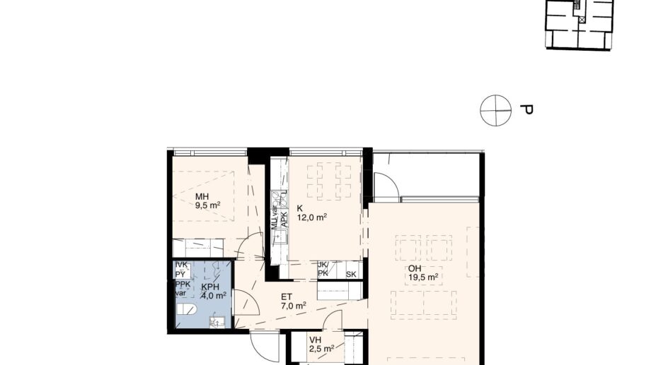 Asunnon B53 pohjakuva: kaksio (2h+k), noin 56 m². Sisältää olohuoneen, makuuhuoneen, keittiön sekä kylpyhuoneen.