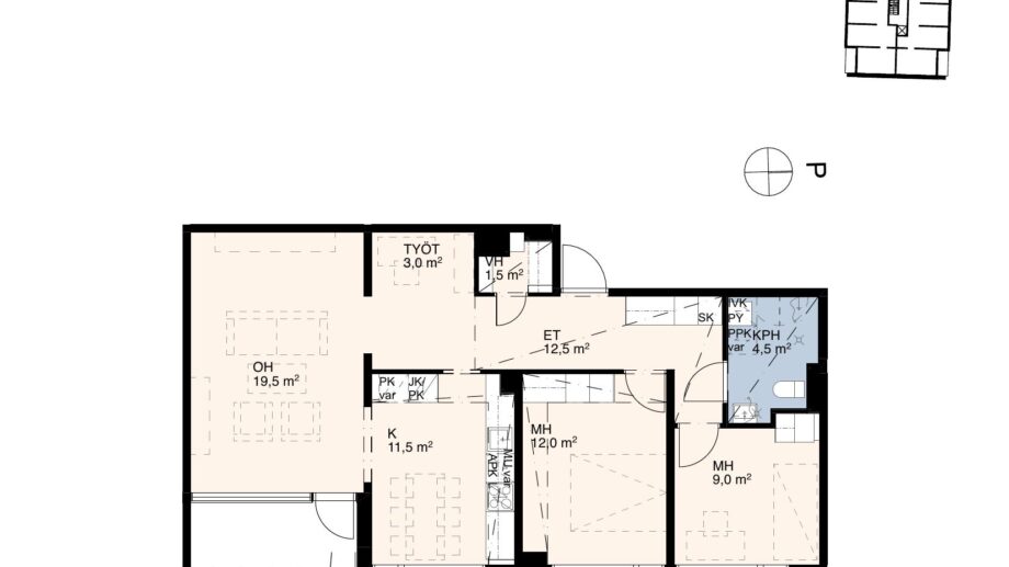 Asunnon B56 pohjakuva: kaksio (2h+k), noin 55,5 m². Sisältää olohuoneen, makuuhuoneen, keittiön sekä kylpyhuoneen.