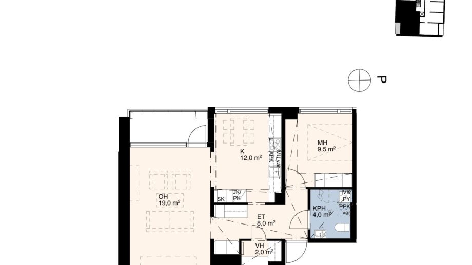 Asunnon B57 pohjakuva: kaksio (2h+k), noin 56 m². Sisältää olohuoneen, makuuhuoneen, keittiön sekä kylpyhuoneen.