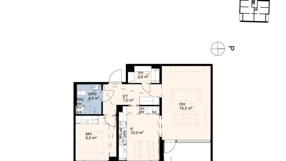 Asunnon B59 pohjakuva: kaksio (2h+k), noin 56 m². Sisältää olohuoneen, makuuhuoneen, keittiön sekä kylpyhuoneen.