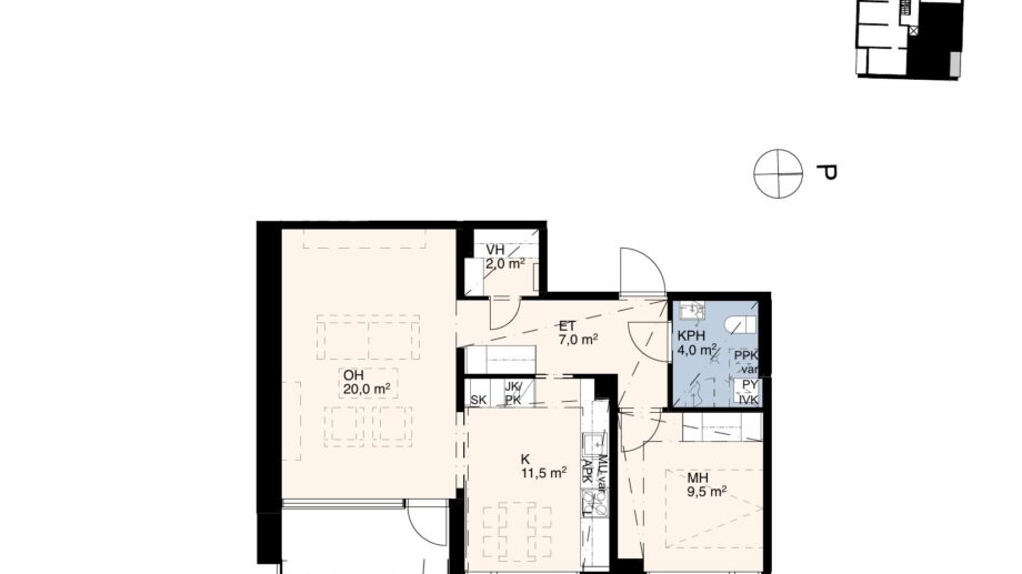 Asunnon B60 pohjakuva: kaksio (2h+k), noin 55,5 m². Sisältää olohuoneen, makuuhuoneen, keittiön sekä kylpyhuoneen.