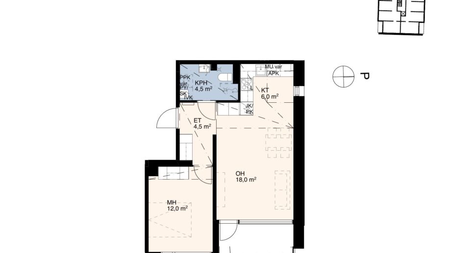 Asunnon B62 pohjakuva: kaksio (2h+k), noin 56 m². Sisältää olohuoneen, makuuhuoneen, keittiön sekä kylpyhuoneen.