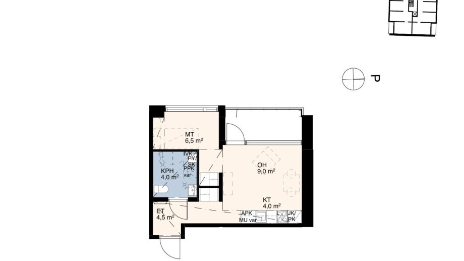 Asunnon B63 pohjakuva: kaksio (2h+k), noin 56 m². Sisältää olohuoneen, makuuhuoneen, keittiön sekä kylpyhuoneen.