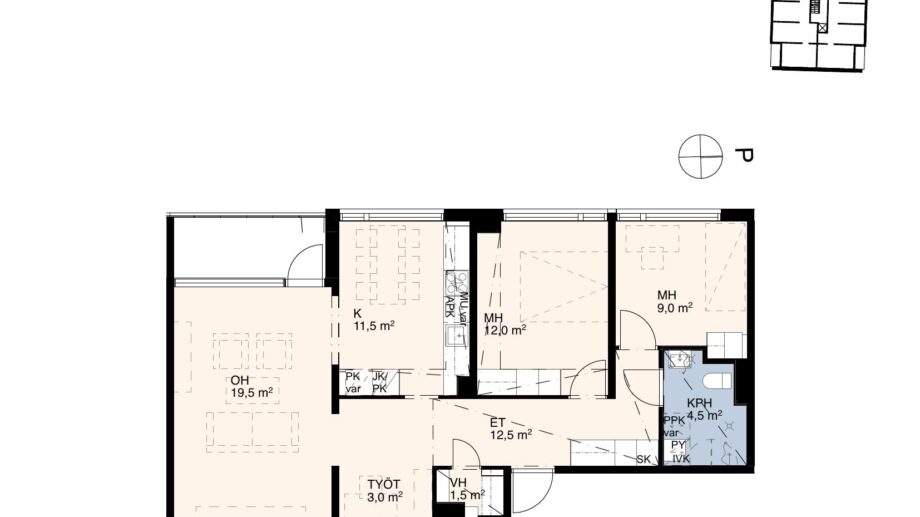 Asunnon B64 pohjakuva: kaksio (2h+k), noin 55,5 m². Sisältää olohuoneen, makuuhuoneen, keittiön sekä kylpyhuoneen.
