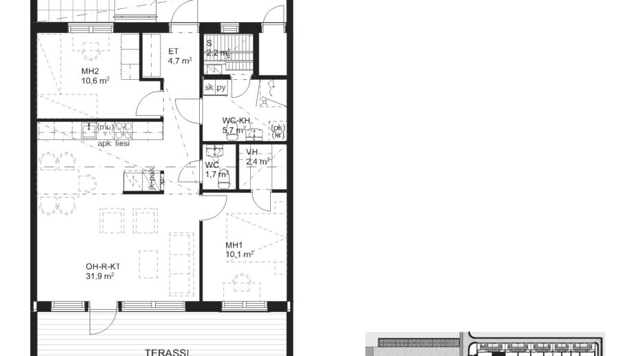Suokulaisentie 12 asunto A2 pohjapiirros, 3H+KT+S, 72,5 m2