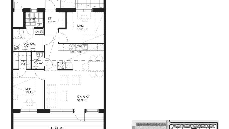 Suokulaisentie 12 asunto A5 pohjapiirros, 3H+KT+S, 72,5 m2