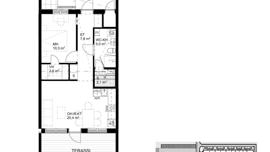 Pohjakuva kaksio 50,5 m², Suokulaisentie 12. Asunnossa olohuone-keittiö, makuuhuone, sauna, kylpyhuone, vaatehuone ja terassi.