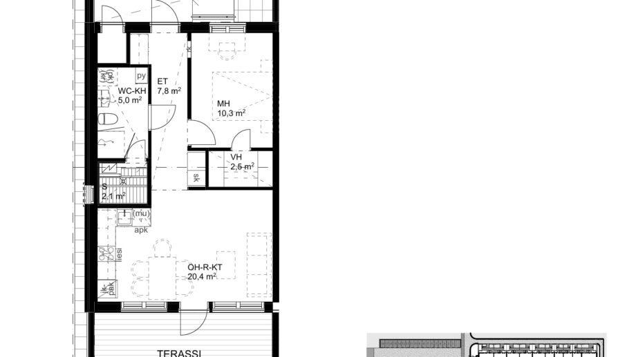 Pohjakuva kaksio 50,5 m², Suokulaisentie 12. Asunnossa olohuone-keittiö, makuuhuone, sauna, kylpyhuone, vaatehuone, varasto ja terassi.