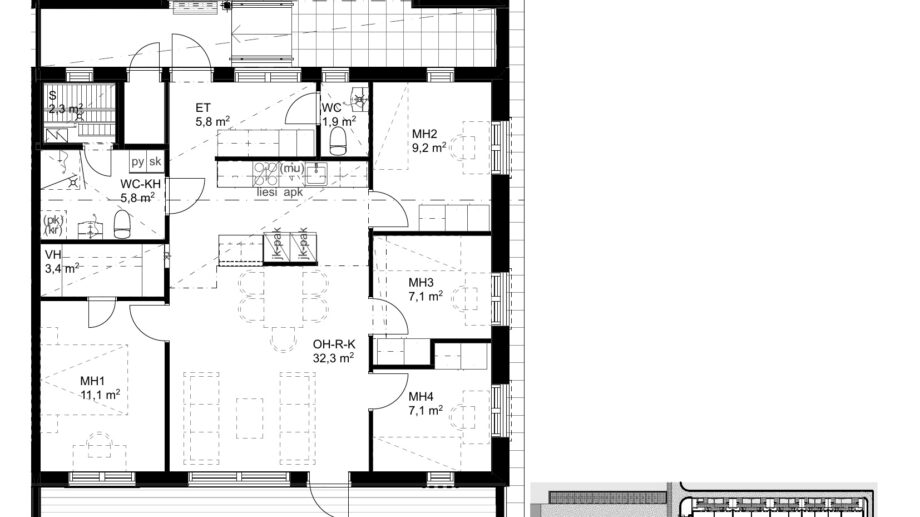 Pohjakuva viisi huonetta ja keittiö 90 m², Suokulaisentie 12. Asunnossa neljä makuuhuonetta, tilava olohuone-keittiö, sauna, kylpyhuone, erillinen wc, vaatehuone, varasto ja terassi.