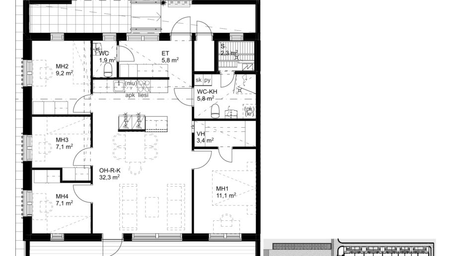 Pohjakuva viisi huonetta ja keittiö 90 m², Suokulaisentie 12. Asunnossa neljä makuuhuonetta, tilava olohuone-keittiö, sauna, kylpyhuone, erillinen wc, vaatehuone, varasto ja terassi.