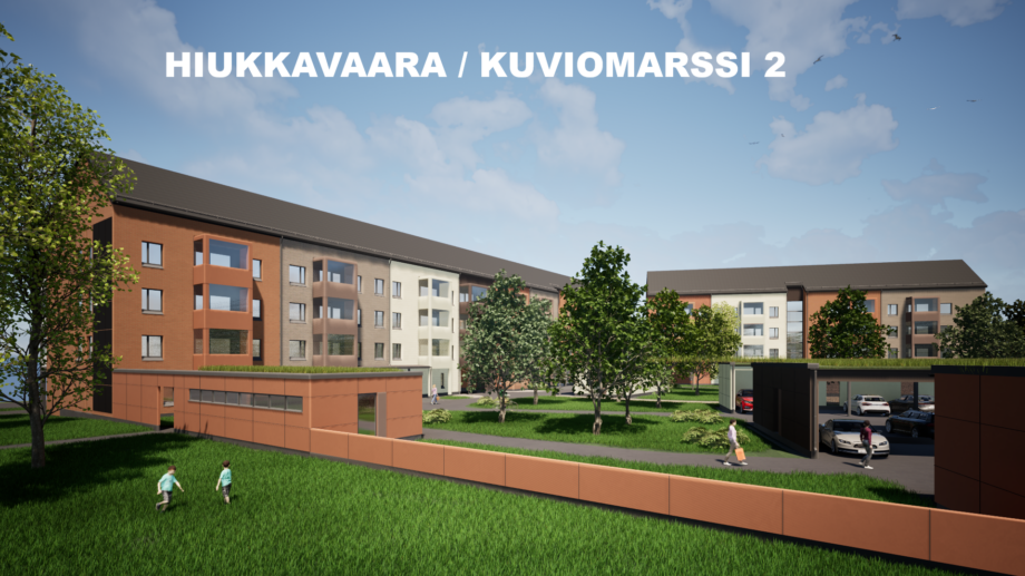 Havainnekuva uudesta kerrostalokorttelista, jossa näkyy asuinrakennuksia, viheralueita, autokatoksia ja piha-alue.